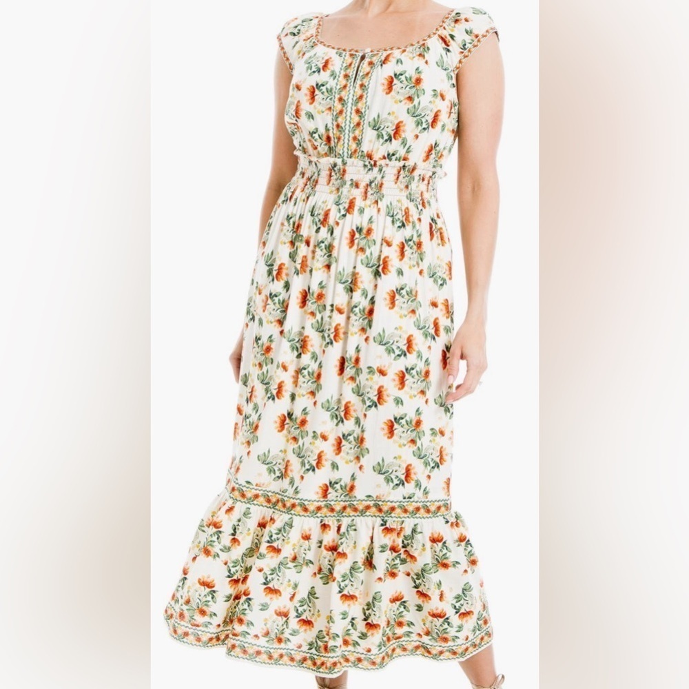 MAX STUDIO - Floral Smocked Maxi Dress White Green and Orange Print Size Large